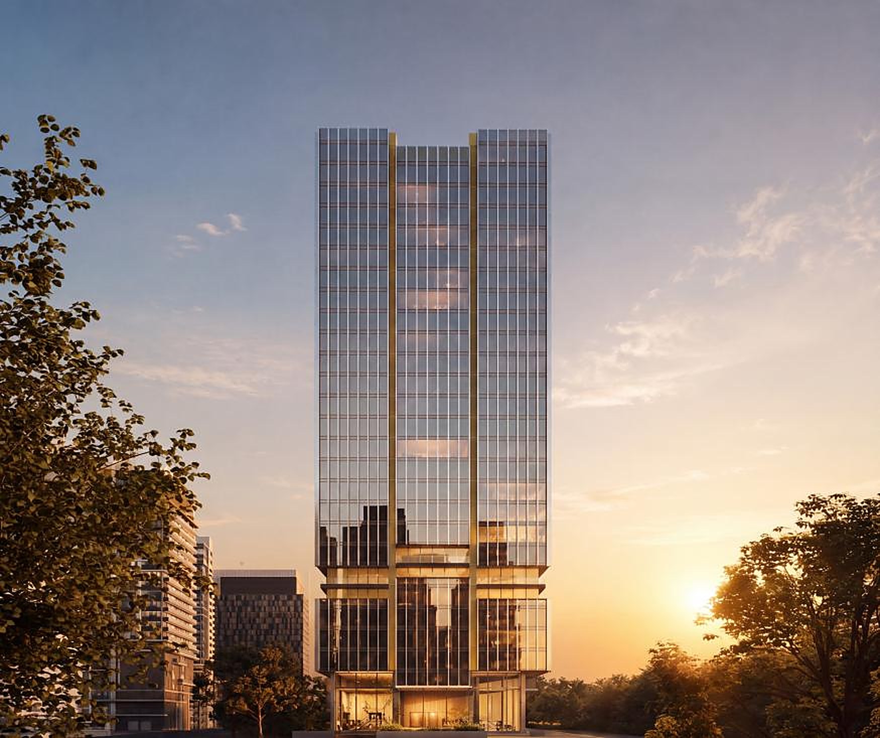 Lotus Trident glass office tower at sunset, Andheri West